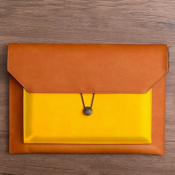 Aminojy PU Leather A4 File Folder with 2 Compartments – Document Holder Portfolio Envelope Case for Papers, Letters, Notebooks, Secure Elastic Closure (Brown & Orange)