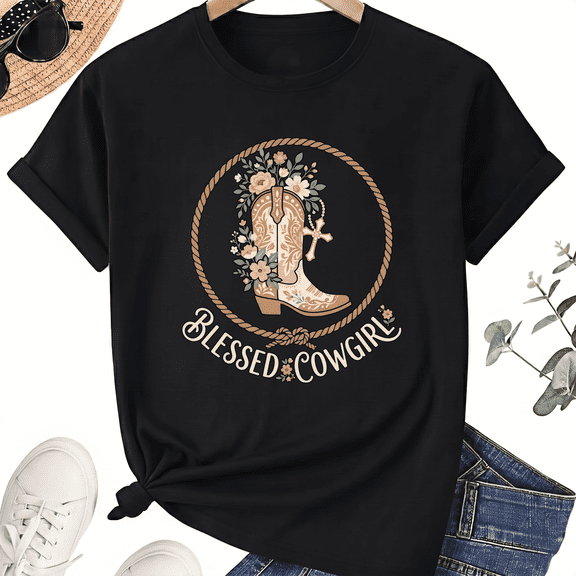 Blessed Cowgirl Floral Boot Graphic T-Shirt, Unisex Cotton Tee