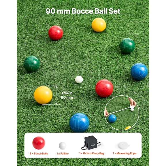 Complete Bocce Set for 2-8 Players 8 x 90mm Resin Balls, Pallino, Measuring Rope & Carrying Bag in Vibrant Colors