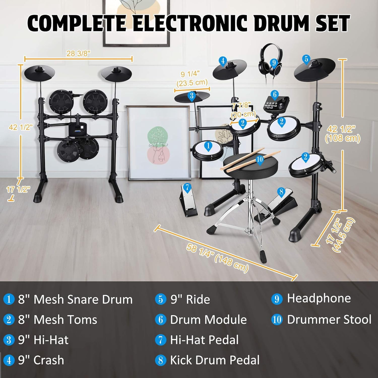 AW Electric Drum Set Adult Digital Silent Drum Kit 8" with Throne 165 Sounds 30 Demo Quiet Mesh Pad Drum Stool Stick Recording Beginner for Apartment