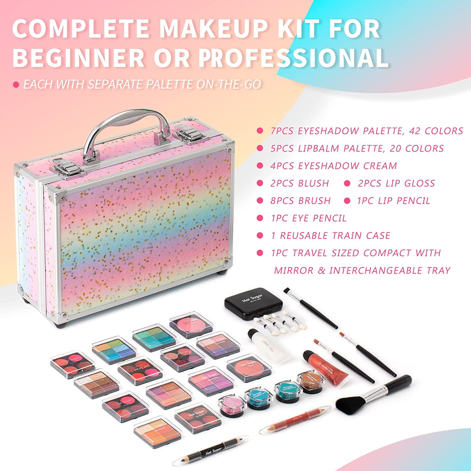 Hot Sugar Makeup Kit for Girls 10-12, All-in-One Kids Makeup Set for Teens, Starter Cosmetic Set for Women (Rainbow)