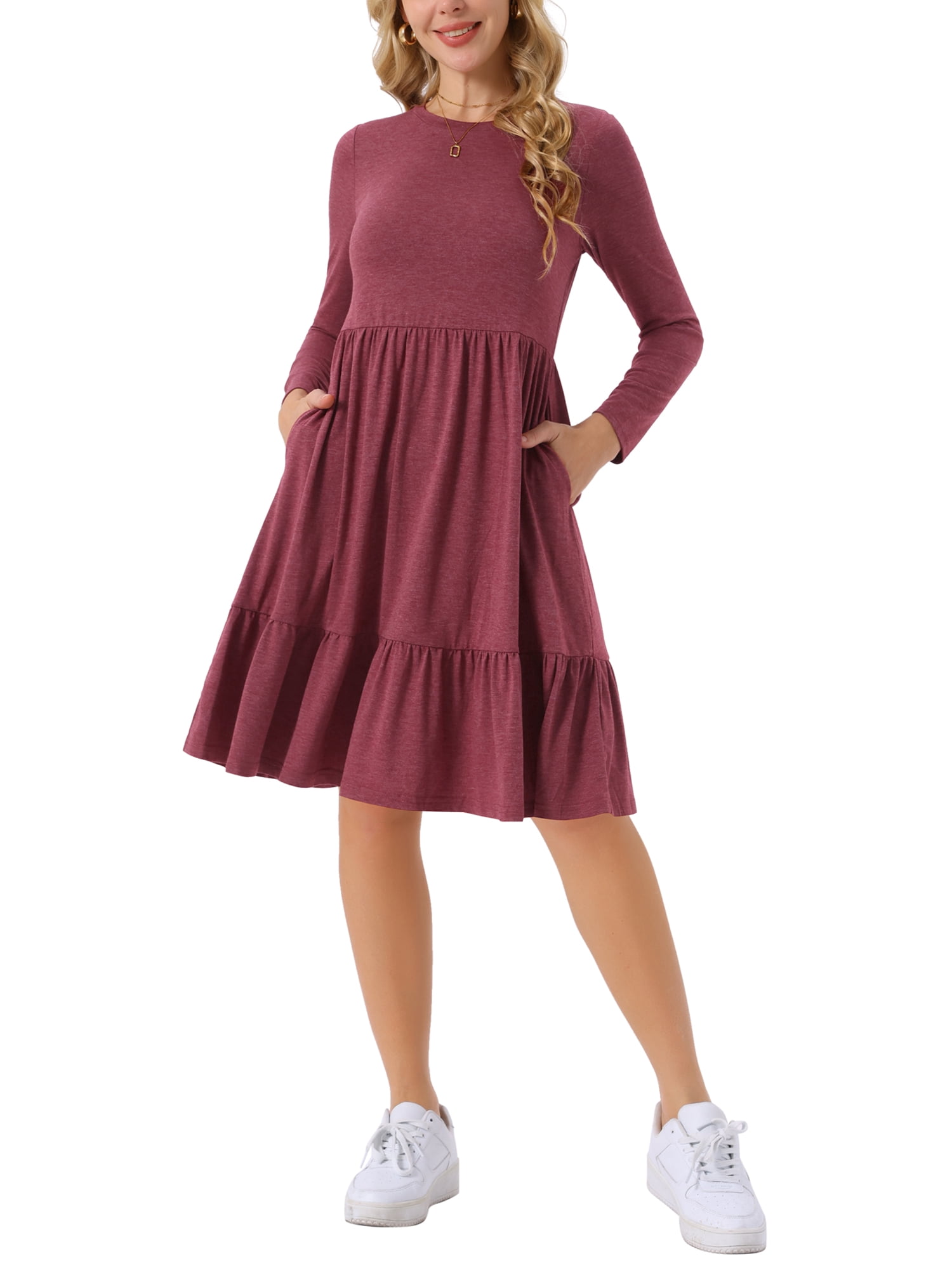 DARING DIVA Casual Long Sleeve Tiered A-Line Swing Dress XL Wine Red