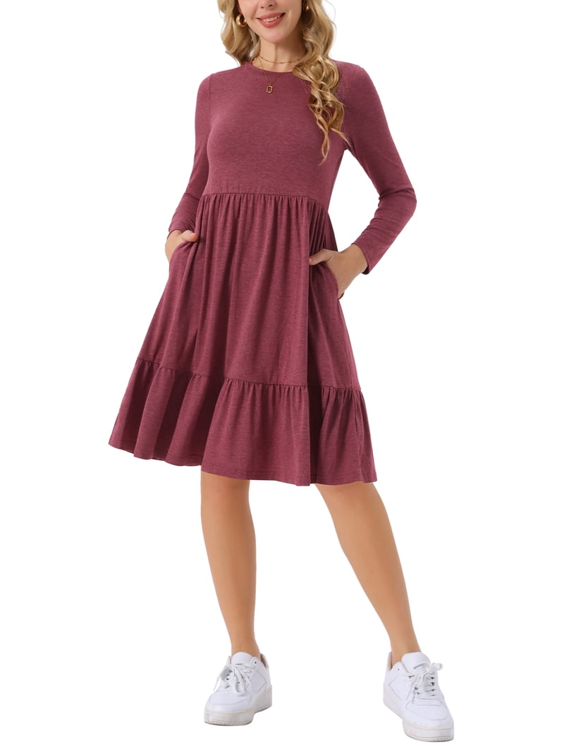 dark red babydoll dress Inspire Chic Women's Casual Babydoll Dress with Pockets Long Sleeve Round Neck Tiered a Line Flowy Dress M Wine Red, Size: Medium