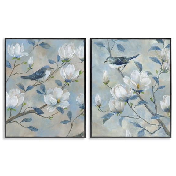Stupell Industries Blue Birds in Magnolia Tree 2 Piece Black Framed Giclee Art Set, design by Nan