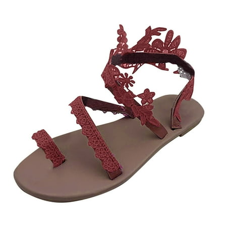 Summer Sandals for Women Flats Boho Flower Lace Crochet Open Toe Ankle Strap Casual Wedding Party Bohemian Beach Shoes