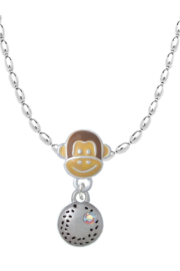 Silvertone Mini Softball/Baseball with AB Crystal Mia Monkey Charm Necklace