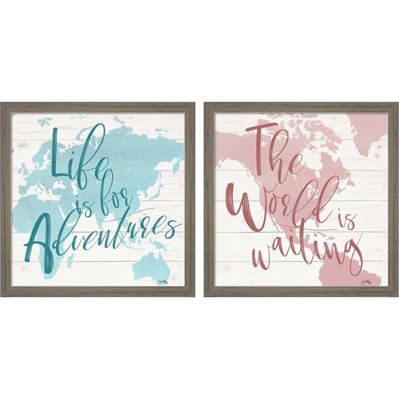 Great Art Now Adventure Map by Elizabeth Medley, 2 Piece Framed Art Set Each 13"W x 13"H