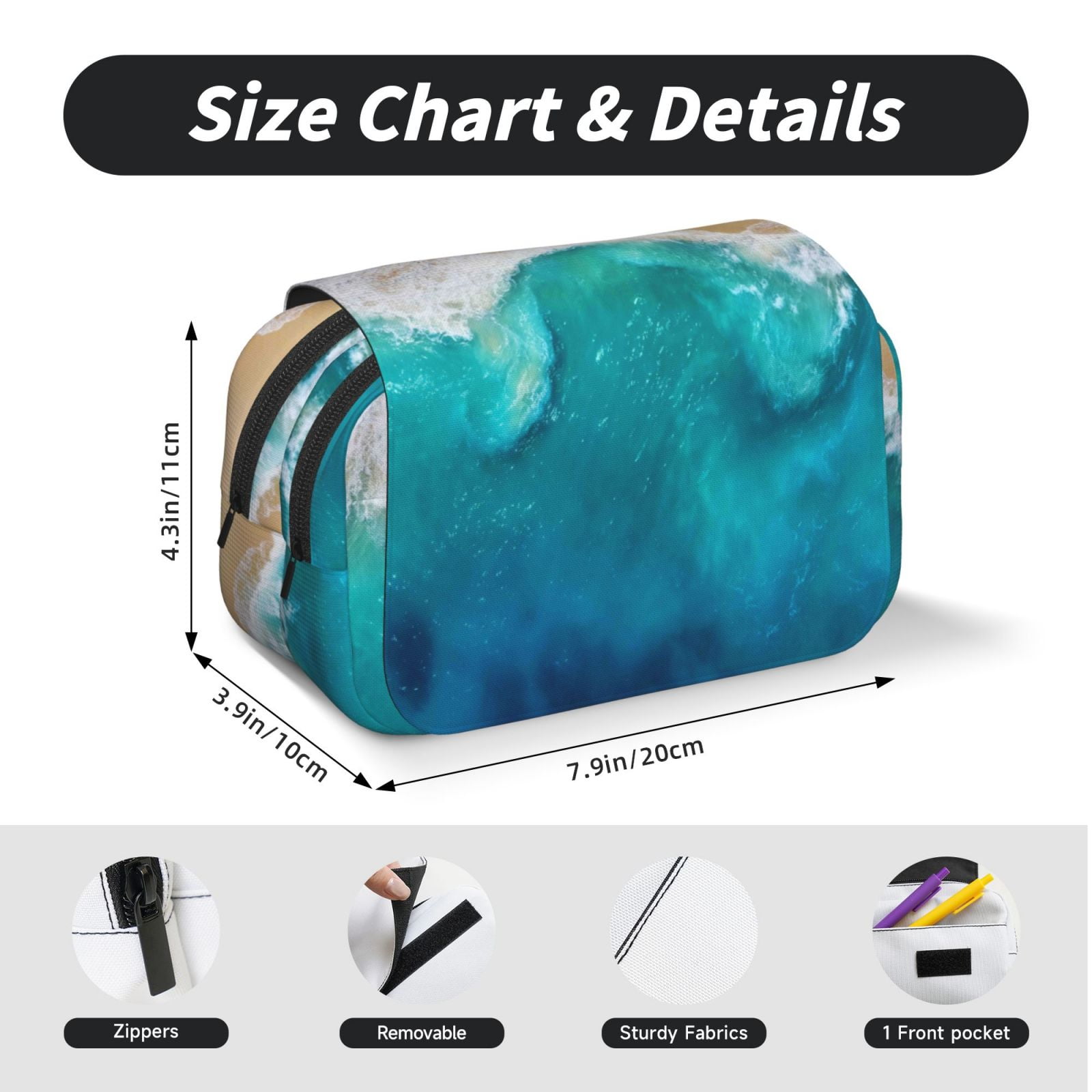 Rateoe Beach Pattern Double Clamshell Pen Case, Storage Organizer with Two Zipper Compartments– Holds Up to 50 Pencils & Pens