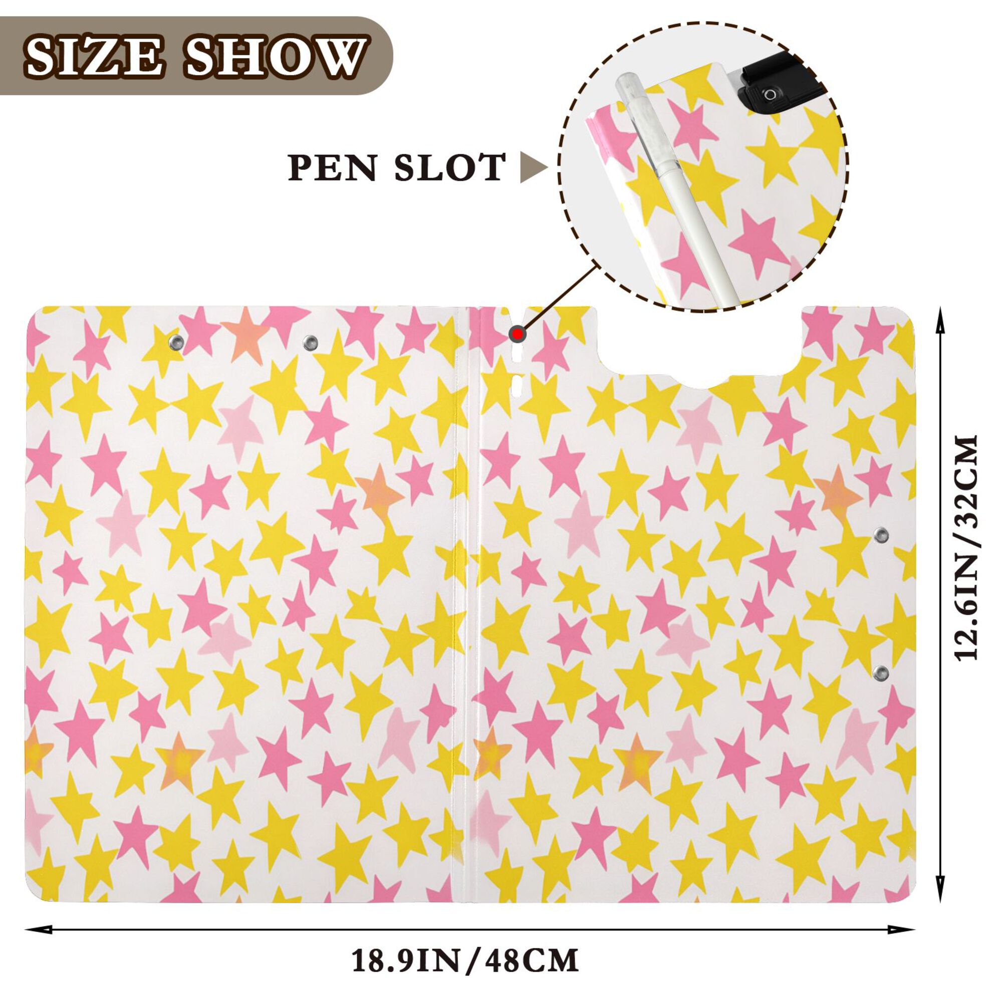 FORMRS A4 Clipboard Folder with Pen Holder Horizontal Foldable School Office Binder, White Stars Pattern