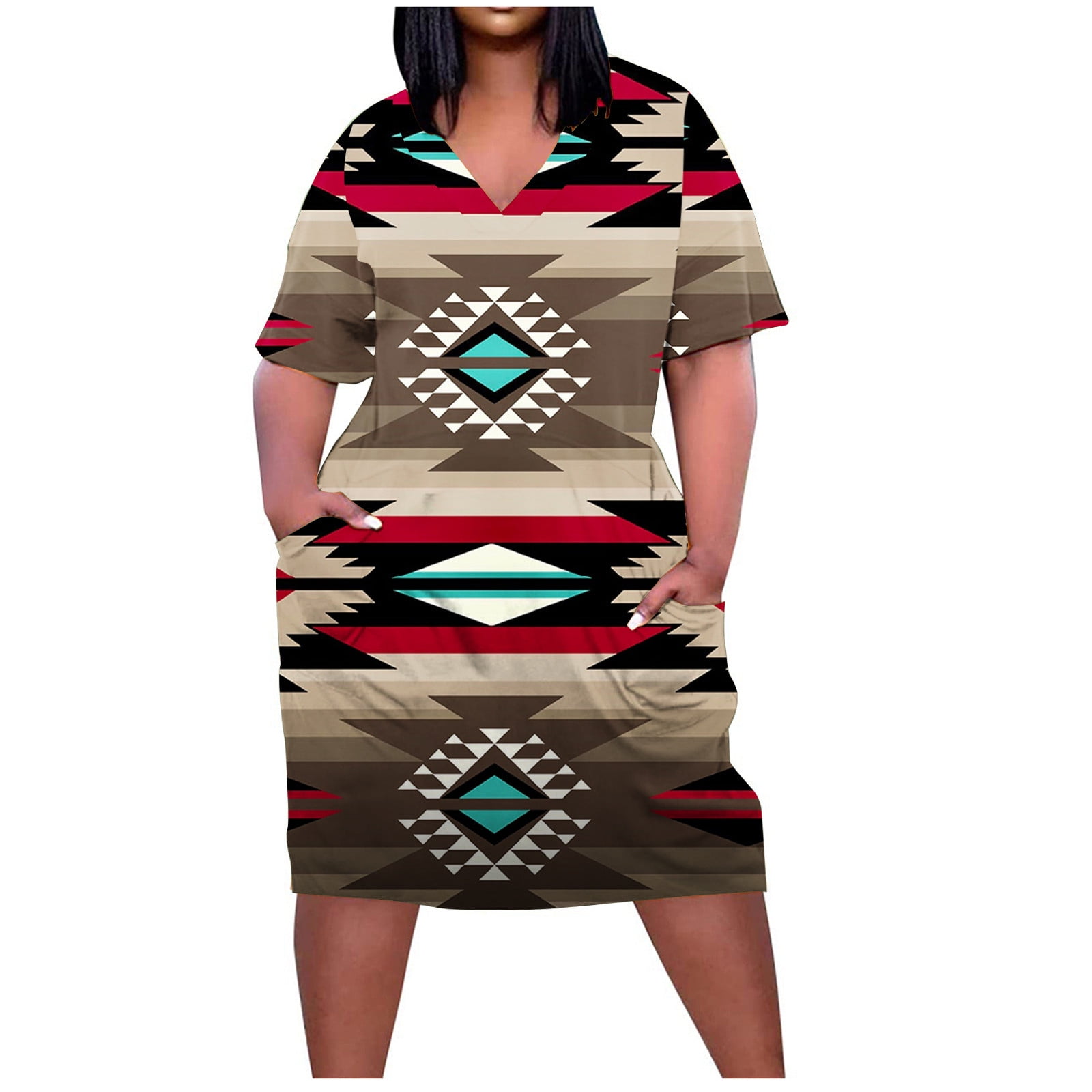 Plus Size Women's Cold Shoulder T-Shirt Dress - V-Neck, Knee-Length With Pockets, In Army Green