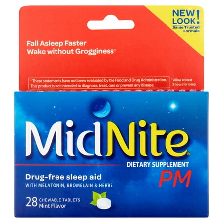 - MidNite PM Drug-Free Sleep Aid Dietary Supplement Mint Flavor Chewable Tablets, 28 ct