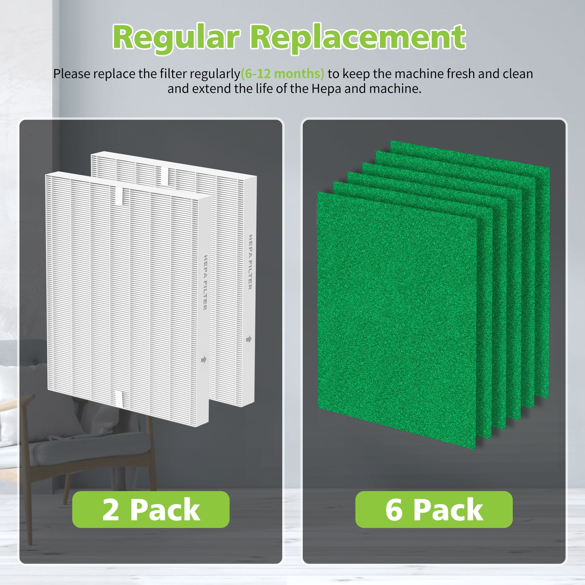 AP-1512HH and 200M Pollen Filter Set for Coway Airmega AP-1512HH and Airmega 200M Air Purifi-er, 6 Pollen Filters and 2 True HEPA Filter, 8 pack, Compared to Part #3304899