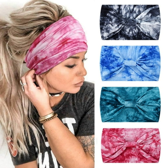 Headbands for Women,4 Pack Tie Dye Headbands Sports Headbands, Fashion Boho Wide Headband Polyester Stretch Yoga Running Turban Headbands for Women & Man