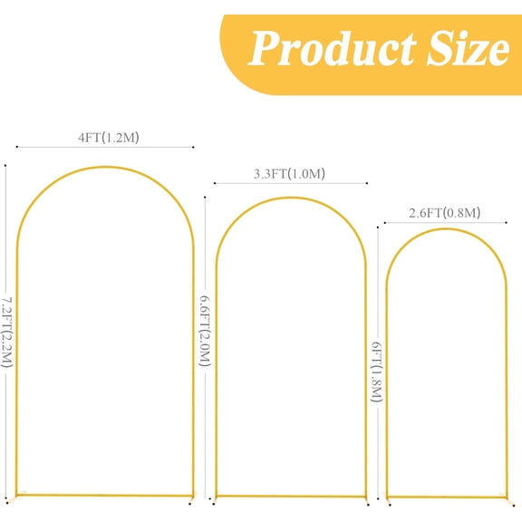 Gold Chiara Wedding Arch Backdrop Stand Set of 3, Metal Square Arched Frames 7.2FT/6.6FT/6FT for Birthday Party, Wedding & Event Decor