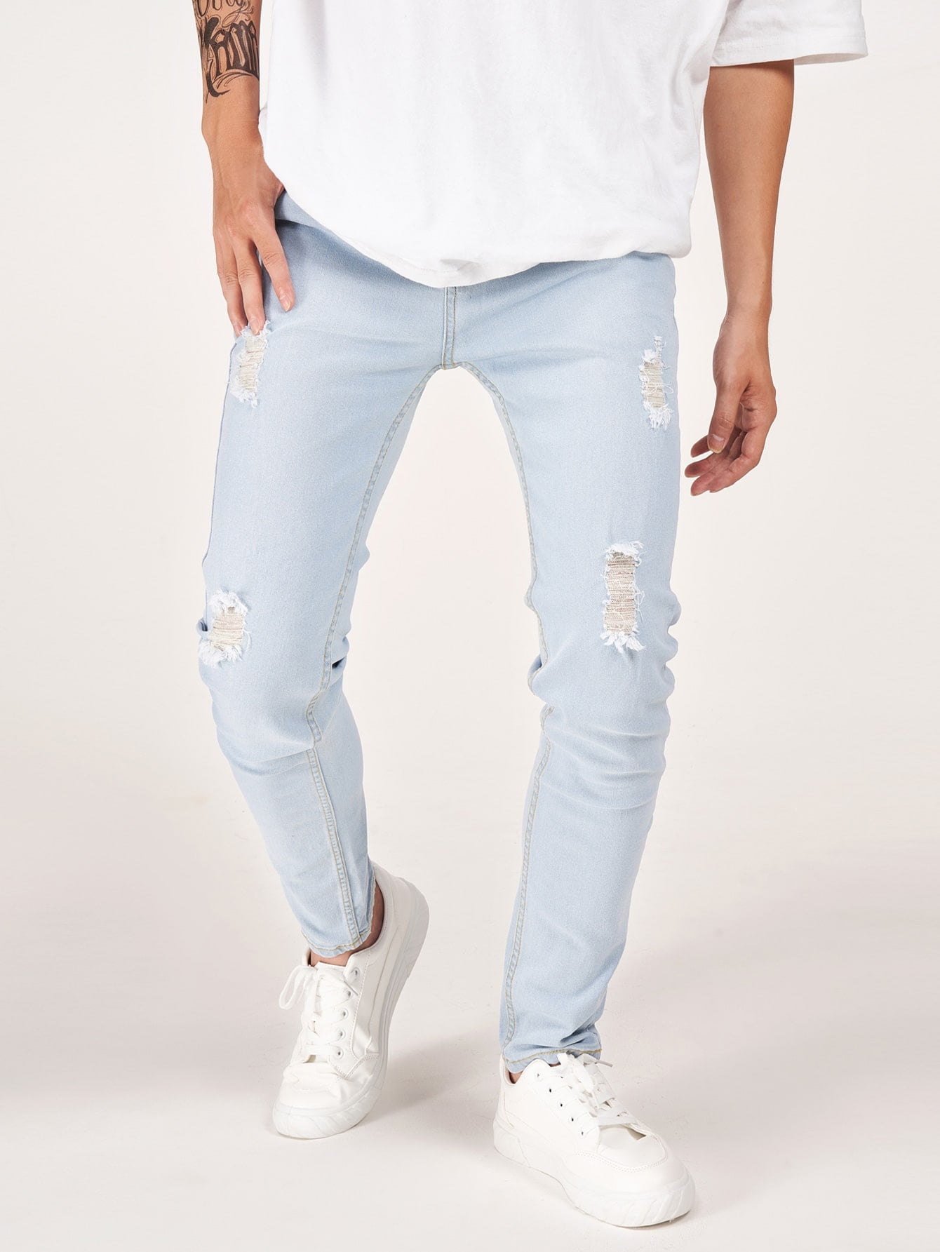 Light Wash Men Slant Pocket Ripped 