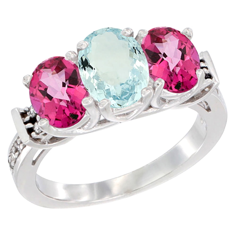 10K White Gold Natural Aquamarine & Pink Topaz Sides Ring 3-Stone Oval Diamond Accent, sizes 5 10 by WorldJewels