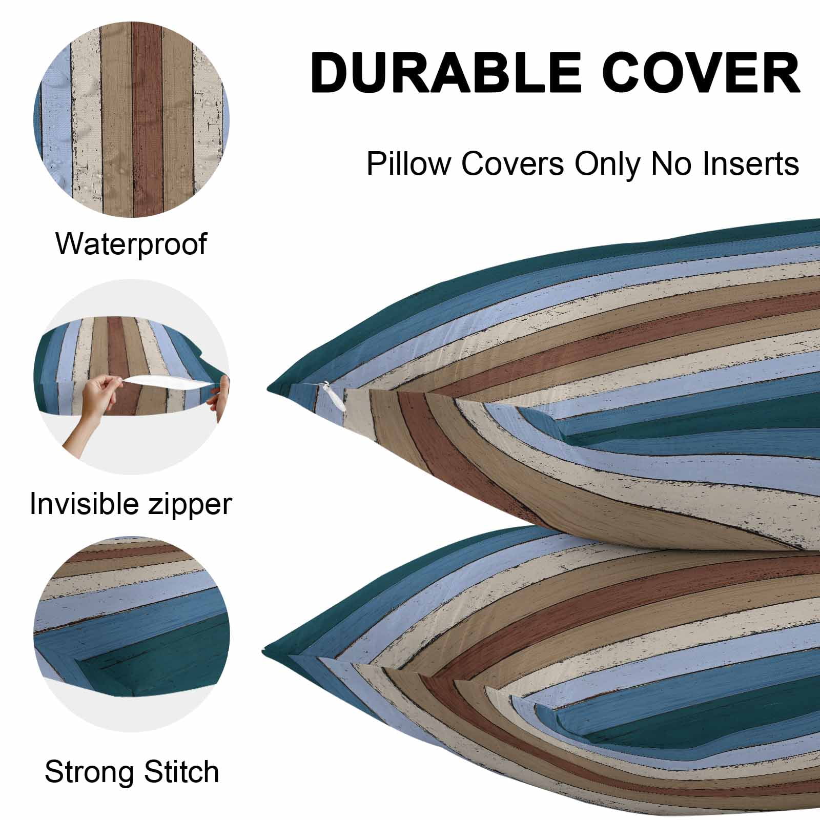 Outdoor Waterproof Throw Pillow Covers Set of 2 Blue Brown Wood Grain Decorative Pillowcases Outdoor Pillows Cushion Case 16x16 Inch Rustic Wooden Plank Patio Pillows for Couch Sofa Bed Garden