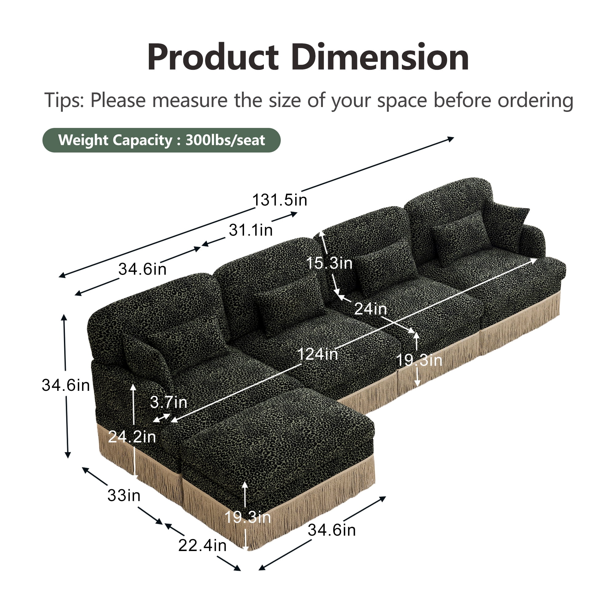 131" Chenille Leopard Tassel Deep Seat L Shape 4 Seater Modular Sofa Couch with 6 Throw Pillows and Ottoman