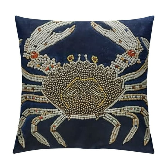 Euro Sham Pillow Covers, Navy Blue European Pillow Covers Euro Pillowcases, Crab, Beaded, Beach Style Euro Sham Covers - Crab at The Shore