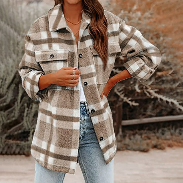 LOVZFMLL Vestes pour Femmes Automne et Hiver à Carreaux Imprimé Manches Longues Col Rabattu Cardigan de Complet Manteau en Laine Hauts