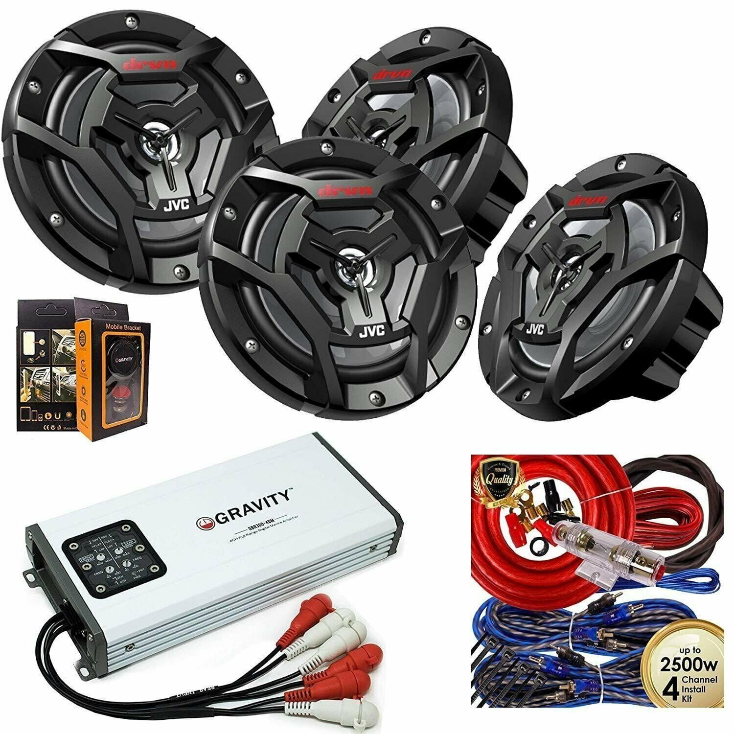 (4) Jvc Marine CSDR6200MW 6.5 300W 2Way Speakers + Marine 600W RMS AMP + Kit Bundle