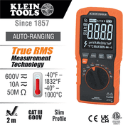 Klein Tools Slim Digital Multimeter, TRMS Auto-Ranging, 600V, Temp