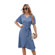 thumbnail image 2 of Vestido Cruzado para Mujer, Cuello en V, Corta, Lazo en la Cintura, Volantes, Abertura, Vestido Informal Midi, Gris Azul, Talla M, 2 of 9