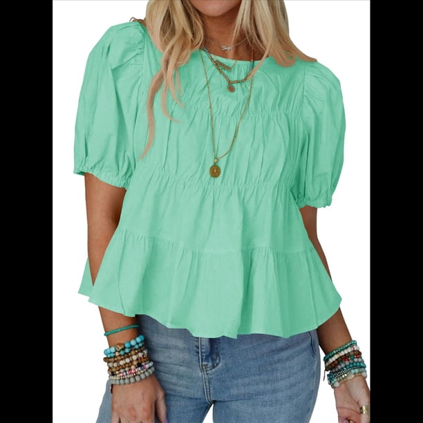 Camisetas Babydoll Peplum con Mangas Abullonadas para Mujer, de Algodón Ahumado Plisado, Holgadas e Informales, de Verano. Calabaza Verde L
