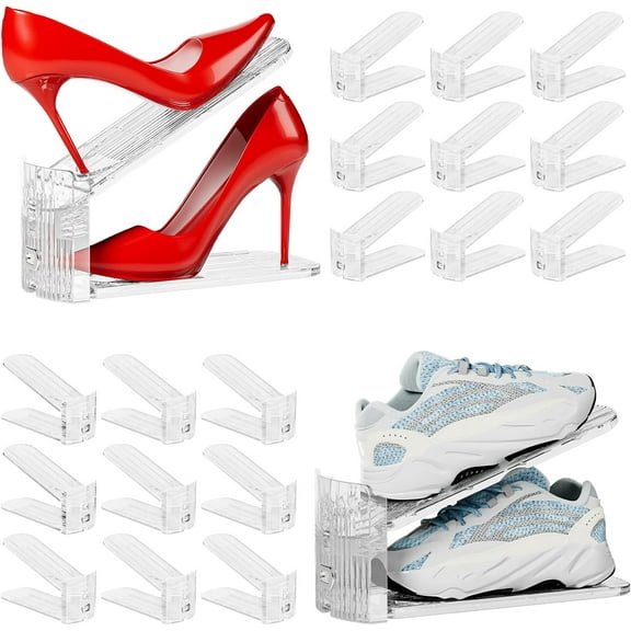 Shoe Slots Organizer for Closet, 20 Pack Acrylic Shoe Stackers Shoe Rack Holder, 3 Levels Adjustable Thickening Shoe Display Shoe Storage 50% Space Saving Zapateras Organizer (Clear,20 Pack)