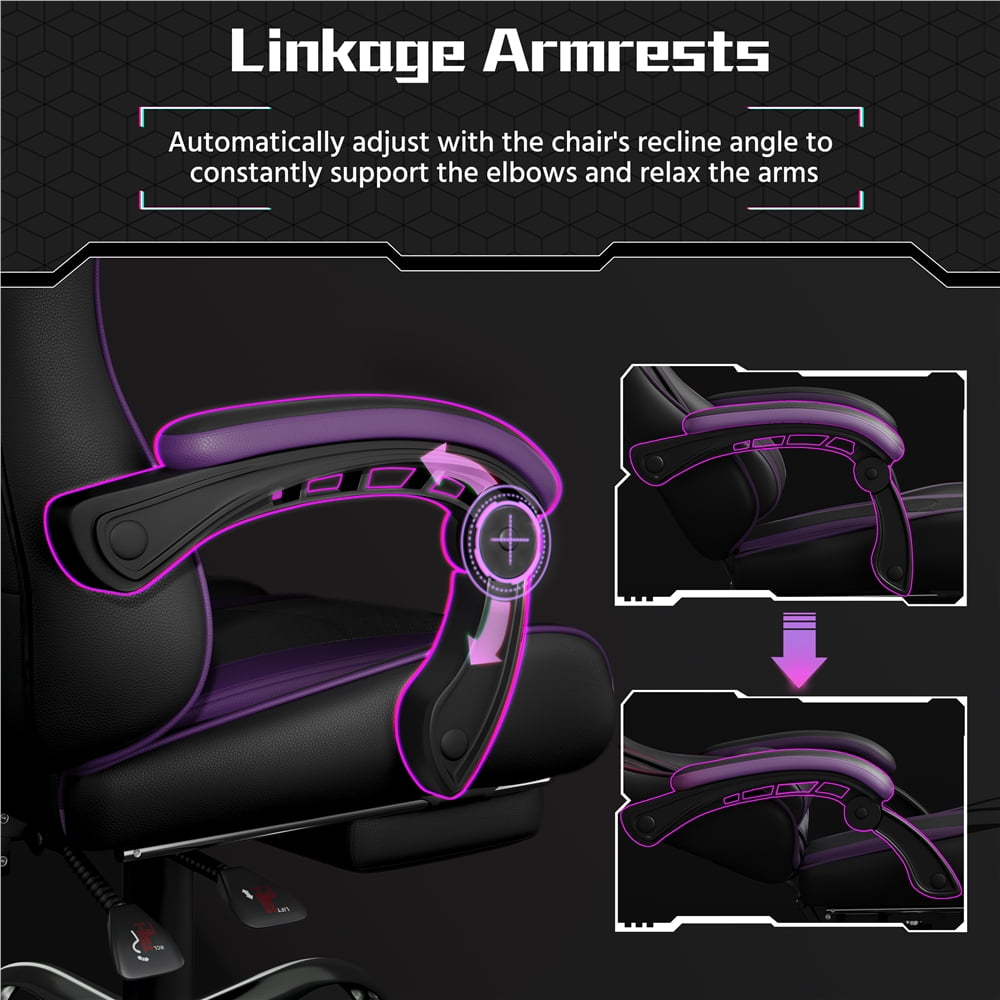 Yaheetech High Back Ergonomic Gaming Chair with Footrest, Massage Lumbar Pillow, Black/Purple