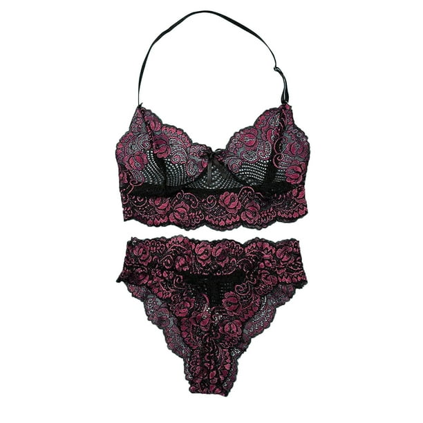 Gibobby Traje de Uniforme Pijama de encaje floral transparente para mujer, conjunto de lencería, ropa de dormir de cintura alta, sujetador y bragas, ropa de dormir de 2 piezas(Rosa, XXL)
