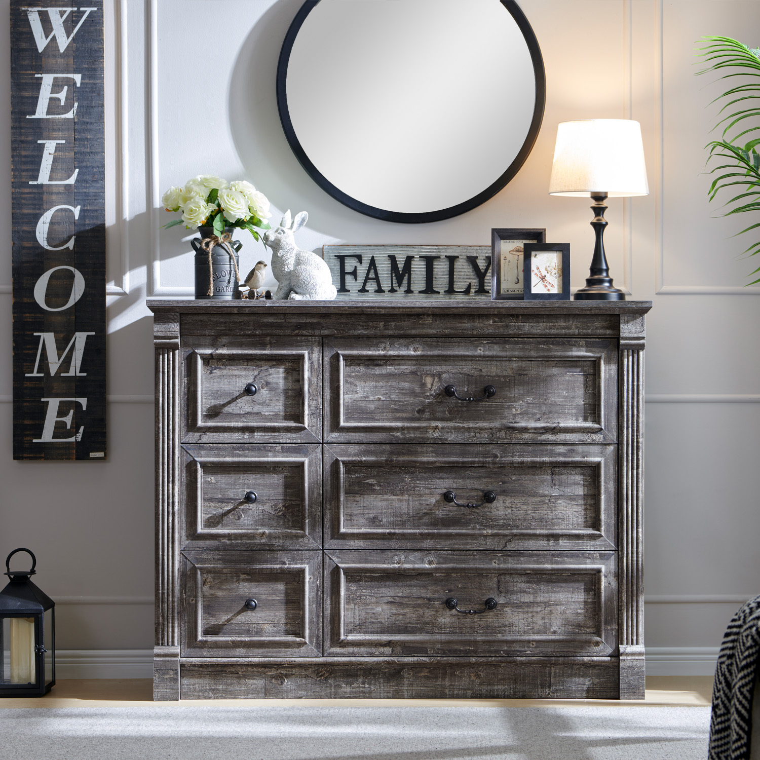 wow97e Farmhouse 6 Drawers Dresser for Bedroom, 48" Wide Wooden Chest of Drawers w/Roman Column, Storage Dressers for Hallway, Living Room