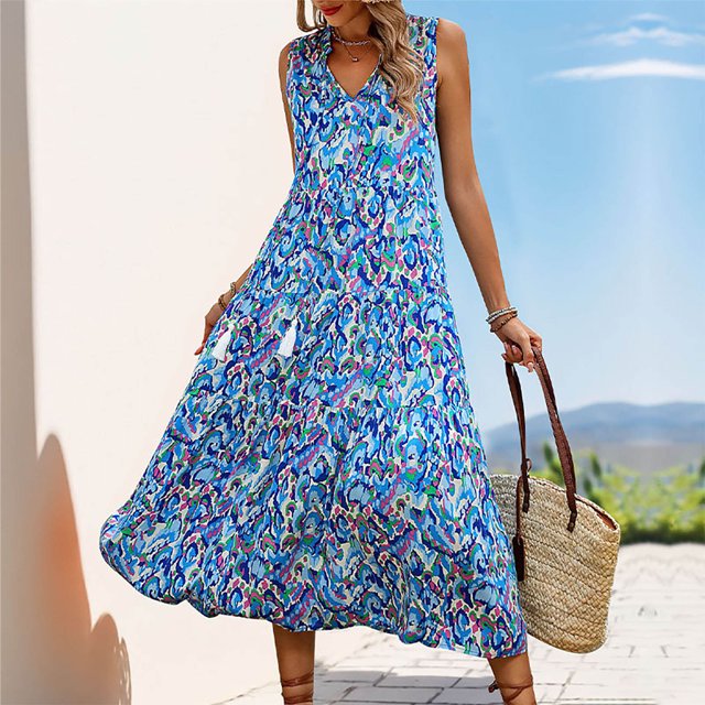 Liquidation d'Été 2025! Robe Grande Taille pour Femmes, Liquidation d'Été pour Femmes, Robe d'Été Sans Manches à Imprimé Floral Col en V avec Franges Ample et Confortable