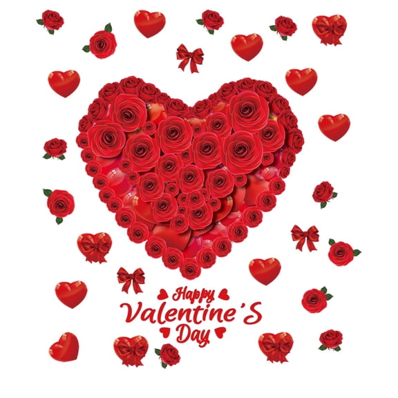 LEWEEN Valentines Day Window Clings, Red Rose Love Heart Double Sided Electrostatic PVC Decor, Valentines Home Glass Window Door Mall Decorations