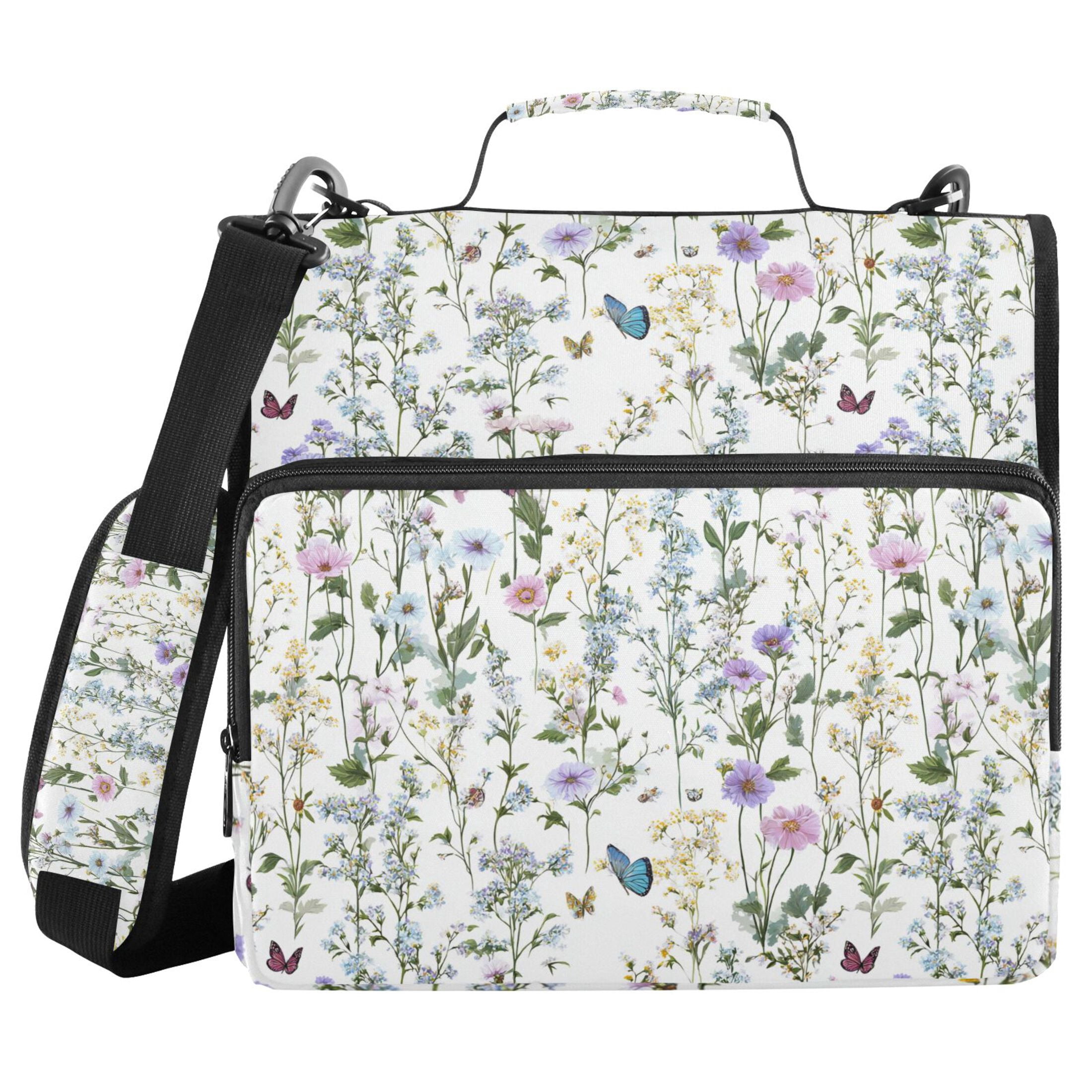 Zipper Binder Flowers and Butterflies 1.5 Inch Binder Folder Bag with Shoulder Strap and Handle
