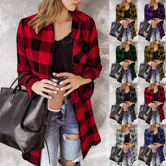 THDHVS Button Down Shirts for Women,Womens Tops Long Sleeve,Women's Plaid Long Sleeve Shirt with Notch Collar and Functional Front Pockets Casual Jacket Offers Fashion Style Without Hood 2XL