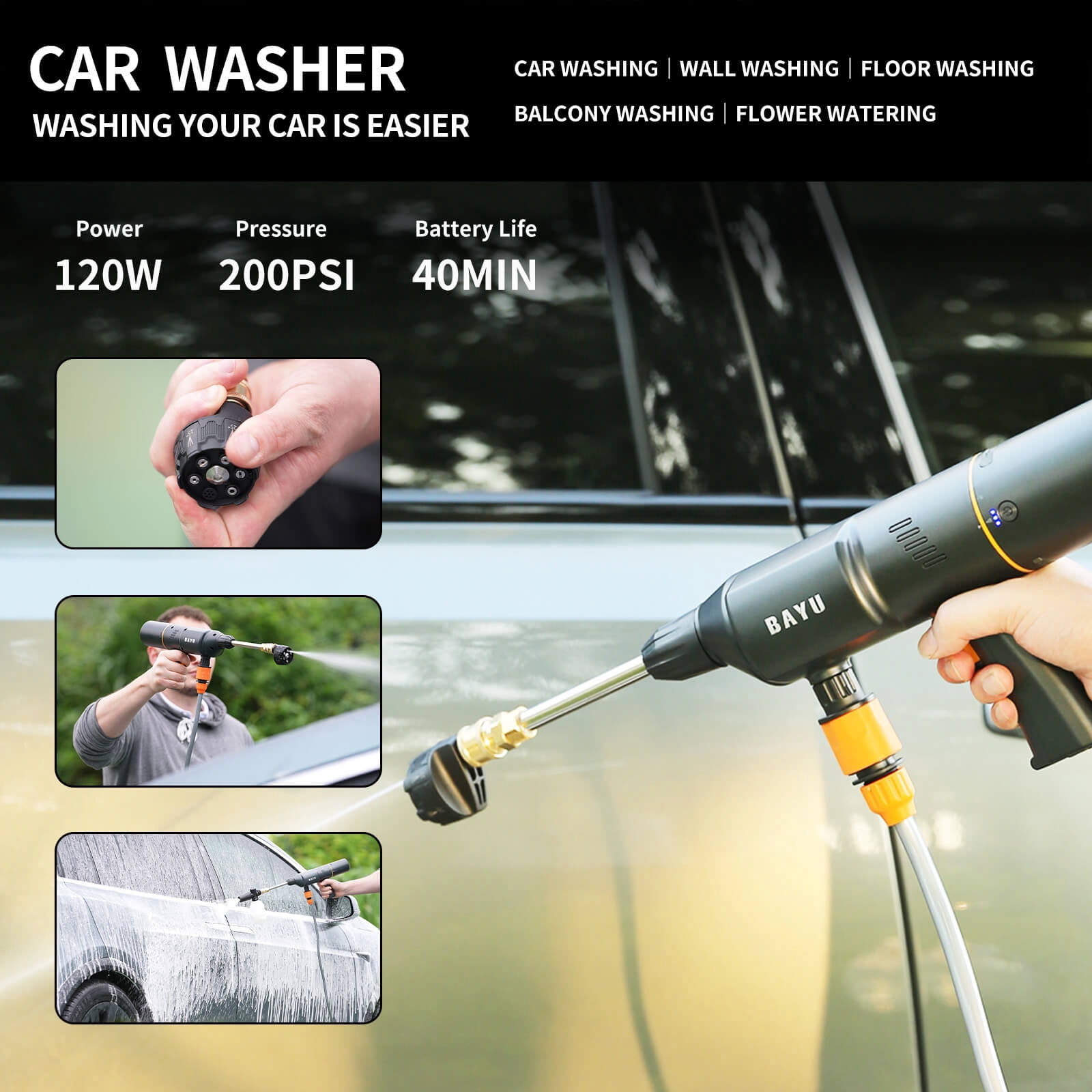 BAYU 4 in 1 Car Smart Kit, 19000PA Car Vacuum Cleaner, 200PSI Cordless Pressure Washer, 150PSI Tire Inflator Portable Air Compressor, 15000mAh Wireless Portable Charger for Car, Bike, Motor