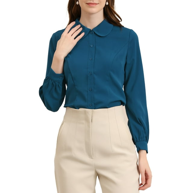 CURVOSPORT Women's Button Down Shirt Peter Pan Collar Long Sleeve Princess Line Blouse M Peacock Blue