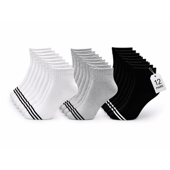 Men's Cotton Ankle Socks Size 7-12, 12 Pairs White & Grey Breathable Soft Casual Everyday Athletic Work Socks