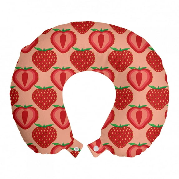 Fruit Travel Pillow Neck Rest, Repetitive Digitally Generated Illustration of Summer Strawberries, Memory Foam Traveling Accessory Airplane and Car, 12", Dark Coral and Fern Green, by Ambesonne