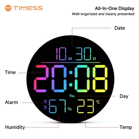 TIMESS Wall Clocks 10 in Digital Modern Wall Clock, RGB, Remote, Auto Dimming, Date, Day, Temperature, Humidity