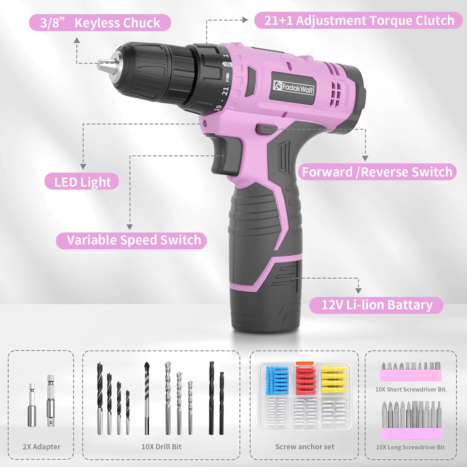FADAKWALT 12V Pink Cordless Drill Kit for Women photo 6