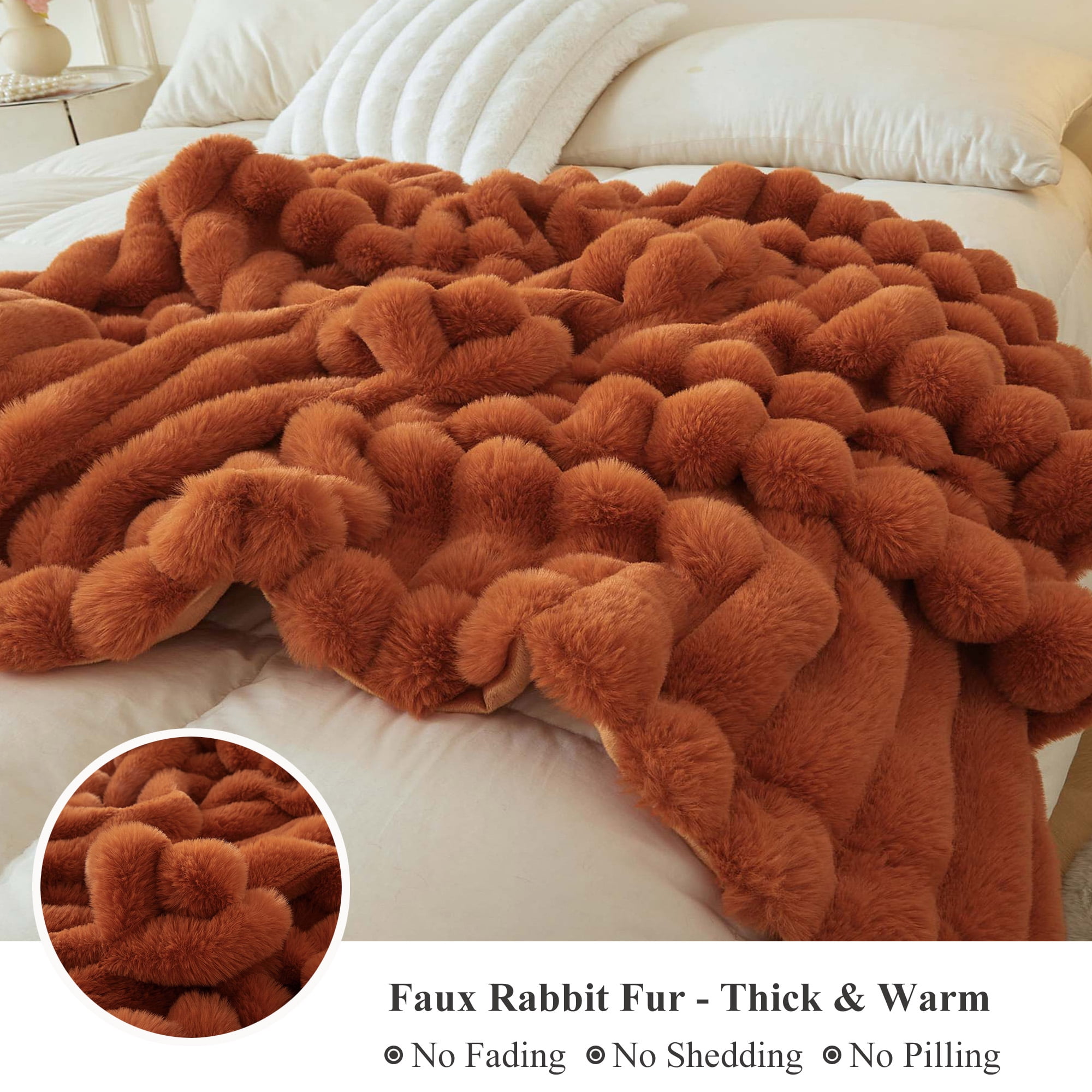 XeGe Fluffy Faux Rabbit Fur Throw, Luxury Stripe Plush Fuzzy Blanket for Bed Couch Sofa Chair, Decorative Shaggy Throw Bedroom Living Room, Furry Blanket Kids Girls Teens Adults, 50x60, Burnt Orange