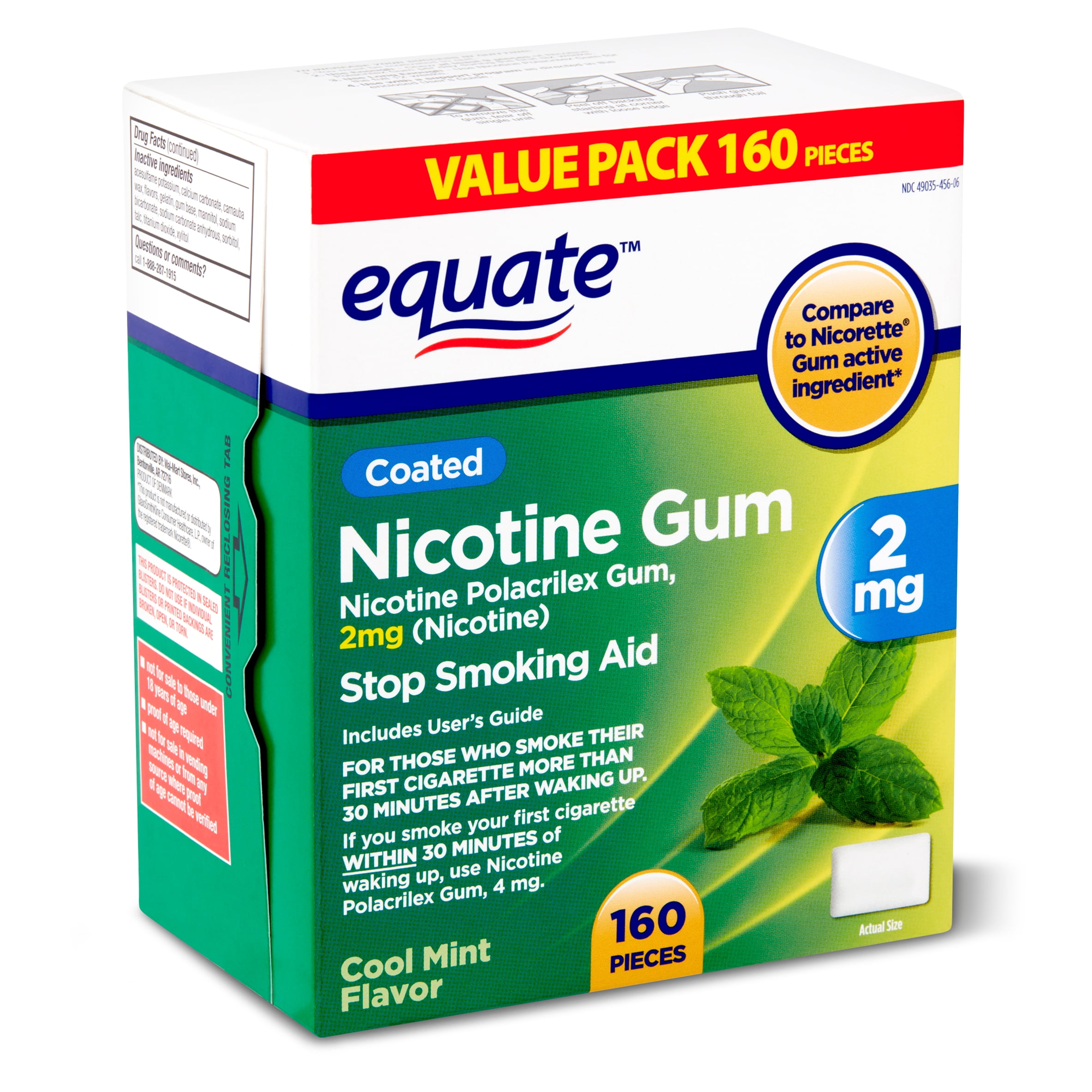 Equate Cool Mint Flavor Coated Nicotine Gum Value Pack, 2 mg, 160 count