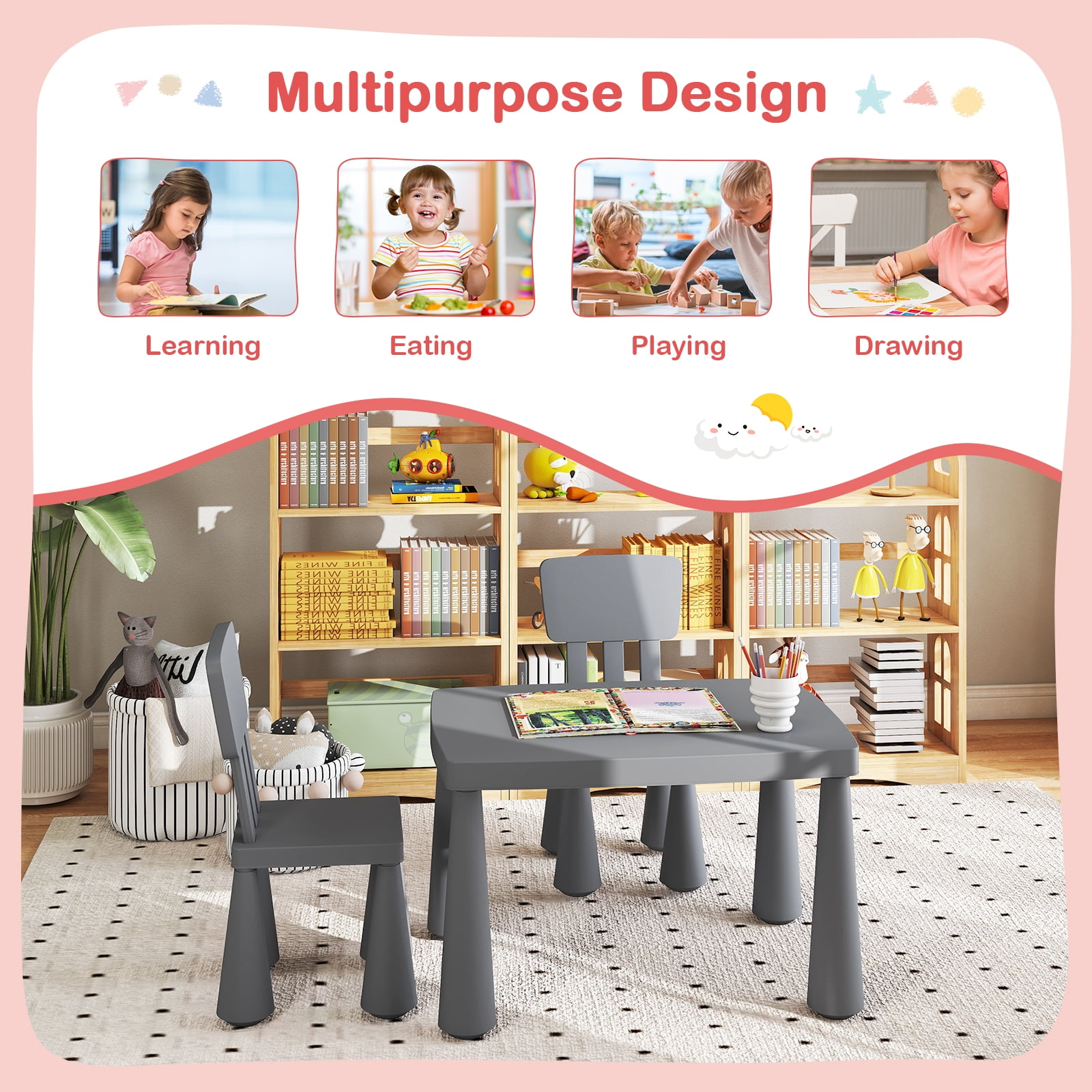 Gymax Kids Table & 2 Chairs Set Toddler Activity Play Dining Study Desk Gray