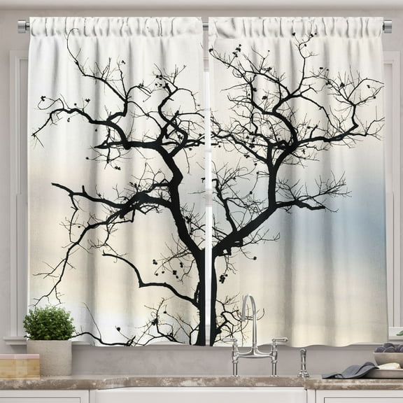 Ambesonne Forest Kitchen Curtains, Black Fall Tree Silhouette, 55"x36", Grey Black