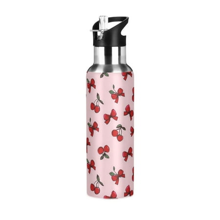 Yayeee 20oz Insulated Water Bottle Double Wall Stainless Steel with Flip Straw Lid, Red Cherry Pattern