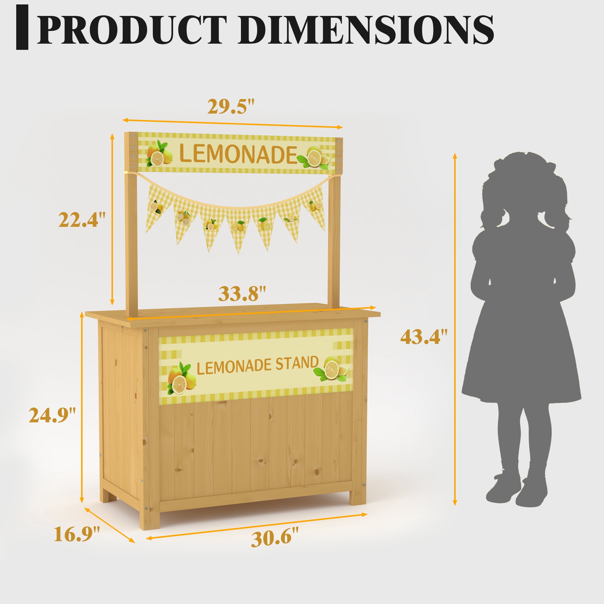 Lemonade Stand for Kids,  Lemonade bar with Fabric Banner & Skirt, 27.5” Counter Height Kids Outdoor Stand for Backyard, Parties & Pretend Play (Ages 5–10)