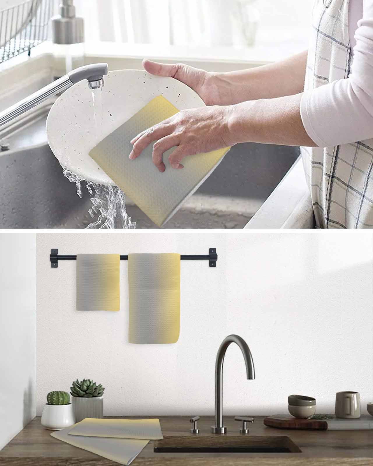Yellow Gray Ombre Kitchen Dish Towels for Drying Dishes Set of 4, Modern Gradient Abstract Art Waffle Weave Microfiber Hand Tea Bathroom Towels Quick Dry & Absorbent Towel 15.7x23.6