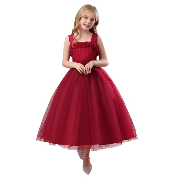 RUTAYY Children Girls Dress Party Solid Color Square Collar Sleeveless Tutu Layered Attire Classic Trendy Dresses
